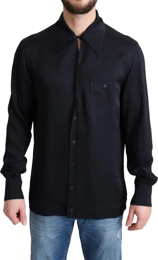 Black Jacquard Silk Casual Button Down Shirt