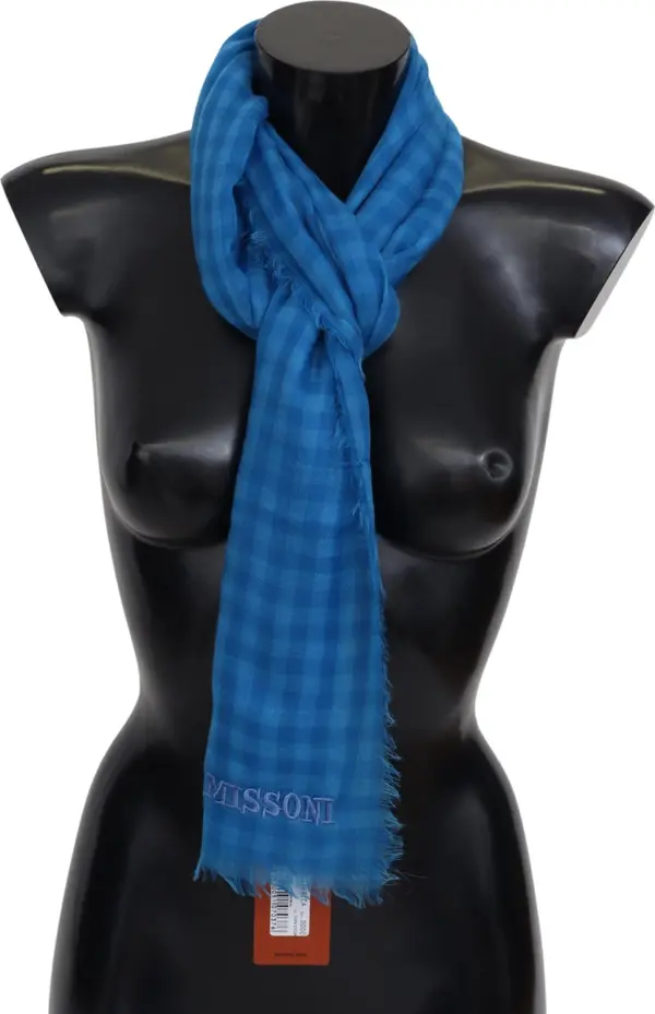 Blue Checkered Cashmere Unisex Wrap Fringes Scarf