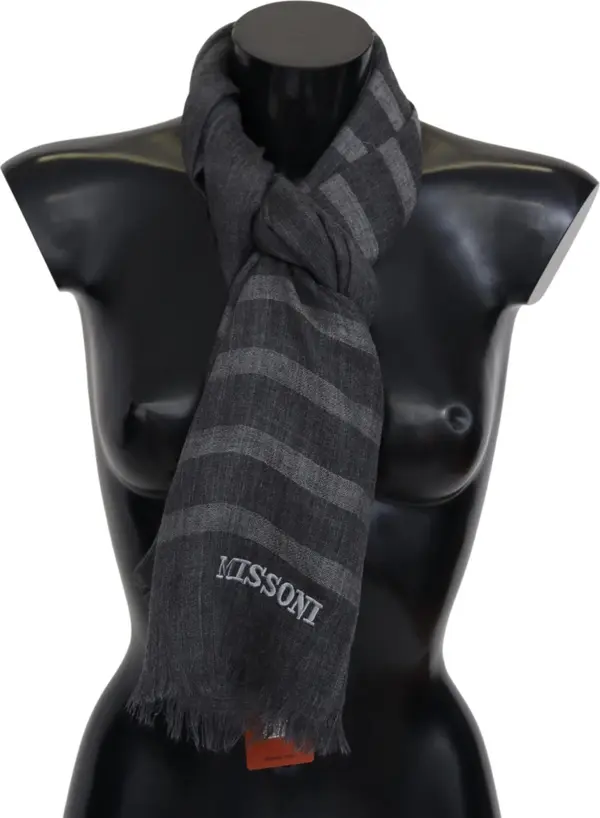 Gray Striped Wool Unisex Neck Wrap Fringes Scarf