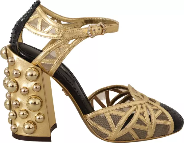 Black Gold Leather Studded Ankle Straps Shoes