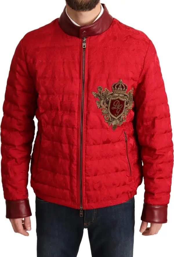 Red Brocade Bomber Gold Crown Logo Coat Jacket