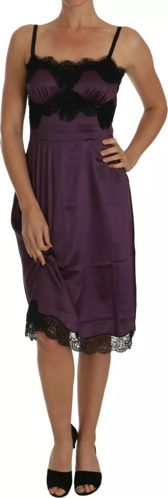 Purple Silk Stretch Black Lace A-Line Dress