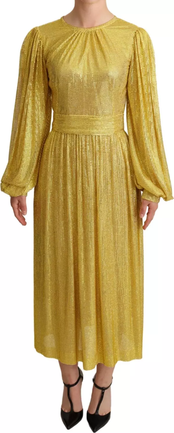 Yellow Crystal Mesh Pleated Maxi Dress