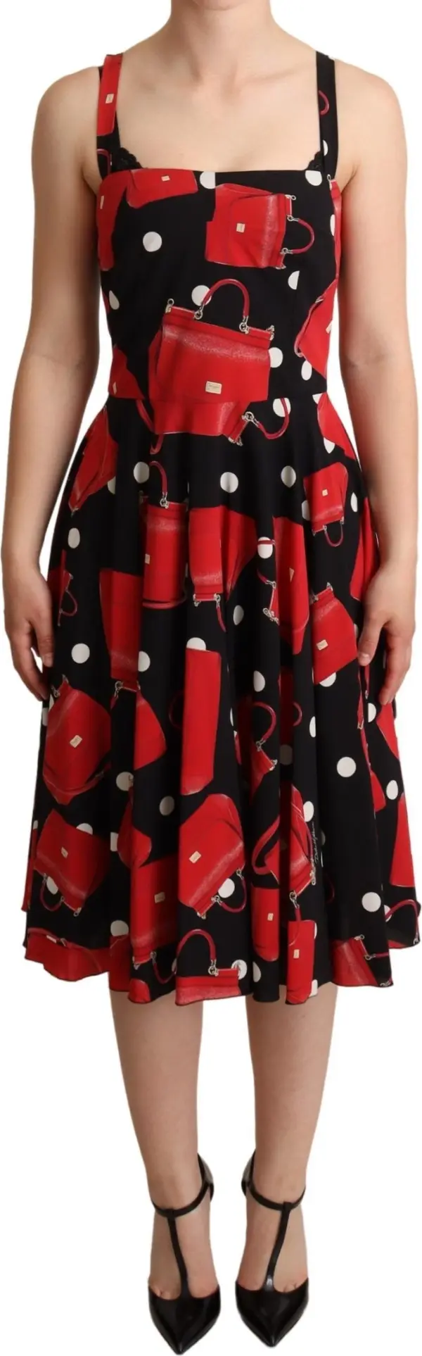 Black Red Bag Print A-line Mid Length Dress