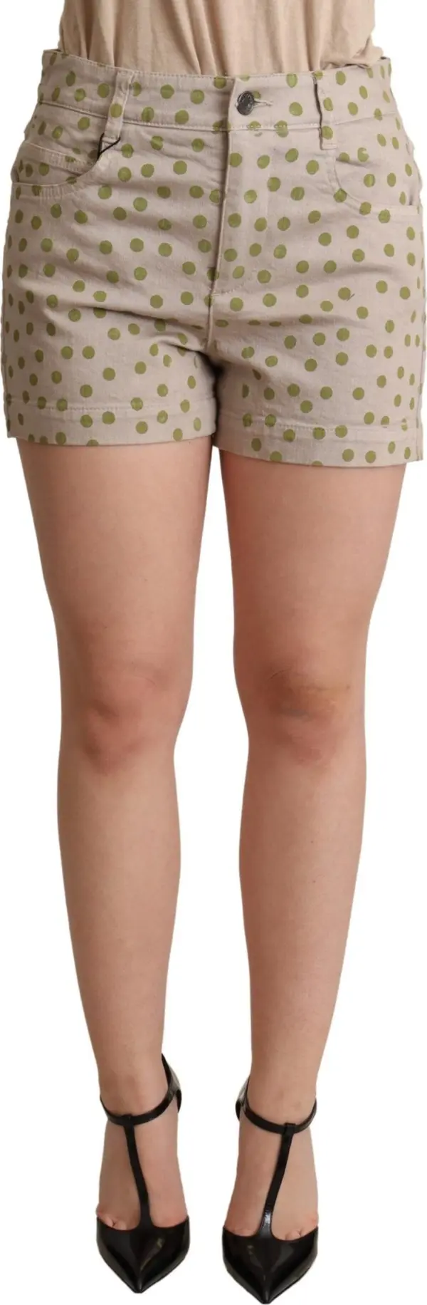 Beige Polka Dots Denim Cotton Stretch Shorts