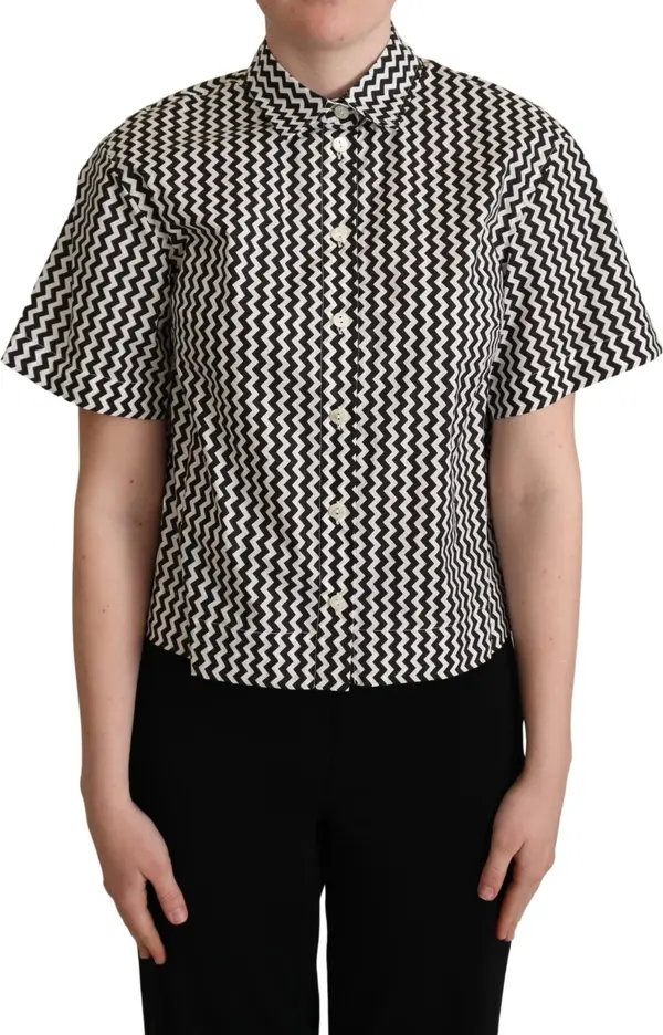 Black White Zigzag Collar Cotton Top Shirt