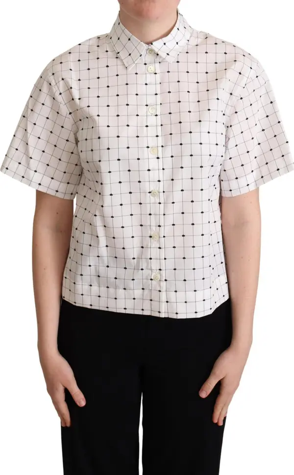 White Polka Dot Cotton Collared Shirt Top