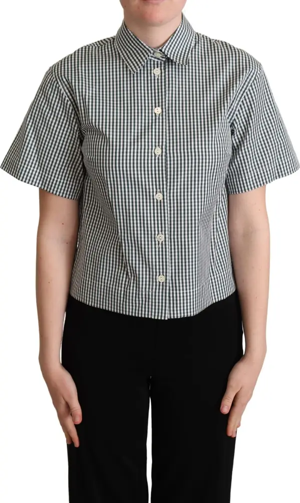 White Green Cotton Check Shirt Blouse Top