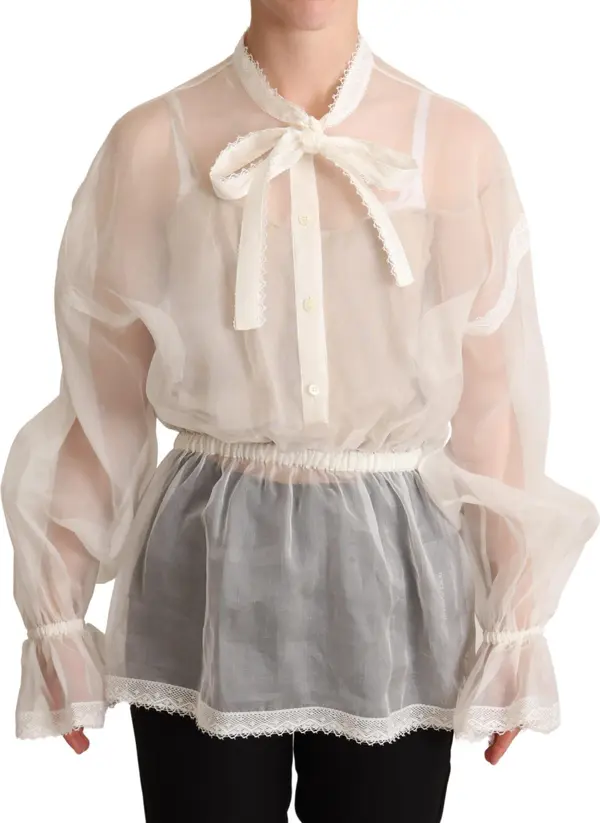 White Ascot Collar Long Sleeves Blouse Top