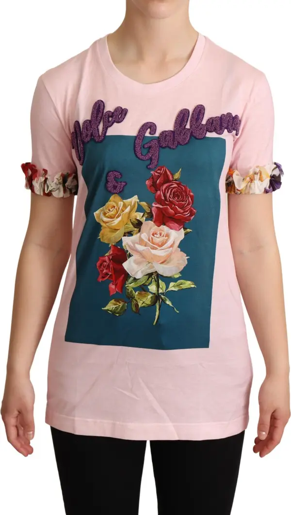 Pink Cotton Floral Roses Crewneck T-shirt