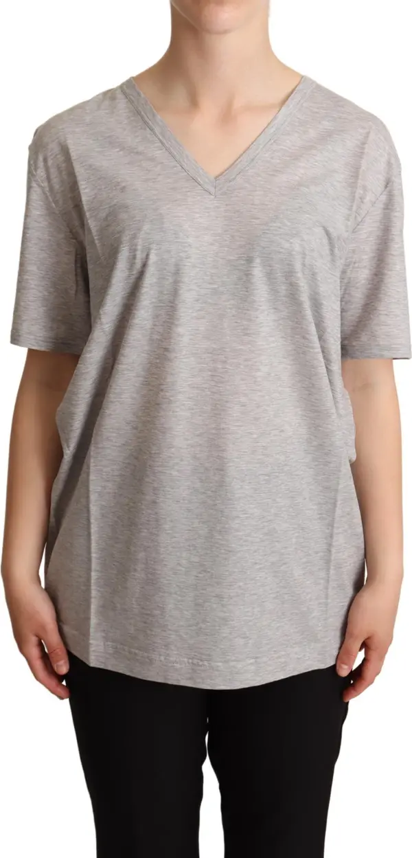 Gray Solid 100% Cotton V-neck Top T-shirt