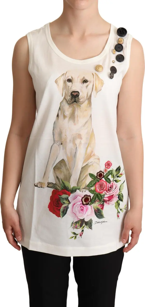 White Dog Floral Print Embellished T-shirt
