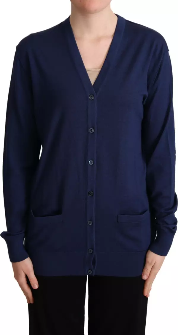 Blue Virgin Wool Button Down Cardigan Sweater
