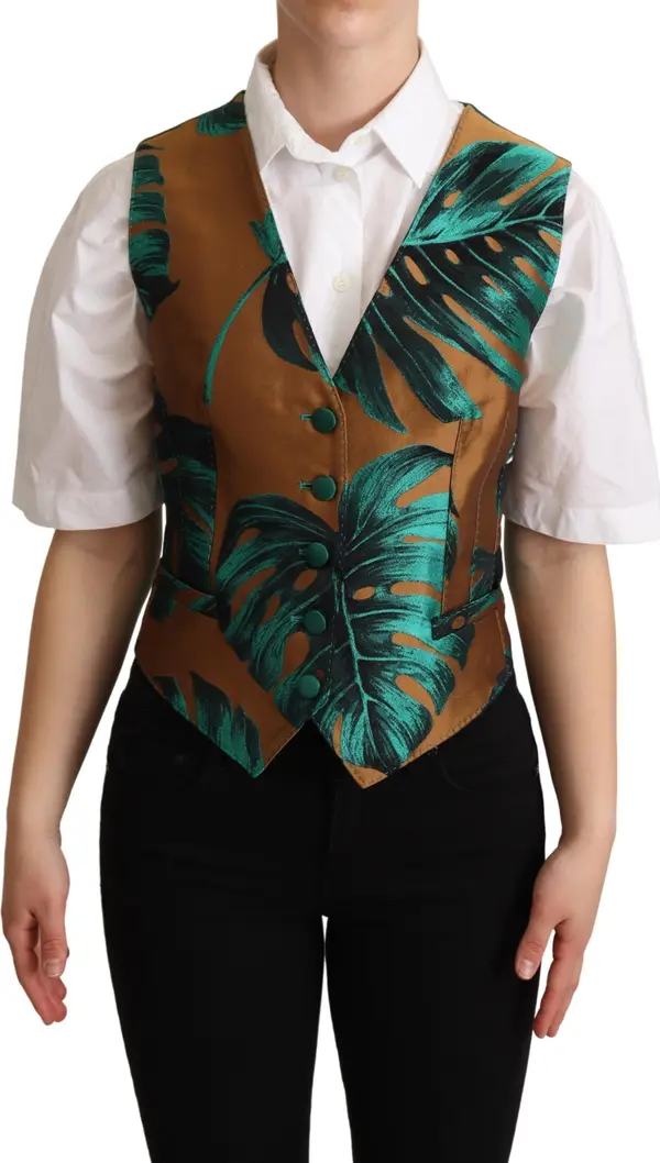 Green Jacquard Leaf Gold Waistcoat Vest