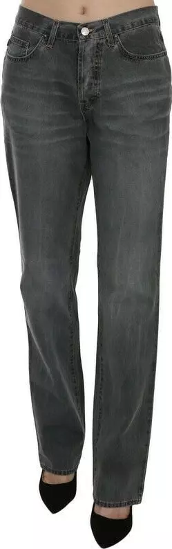 Gray Washed Mid Waist Straight Denim Pants Jeans