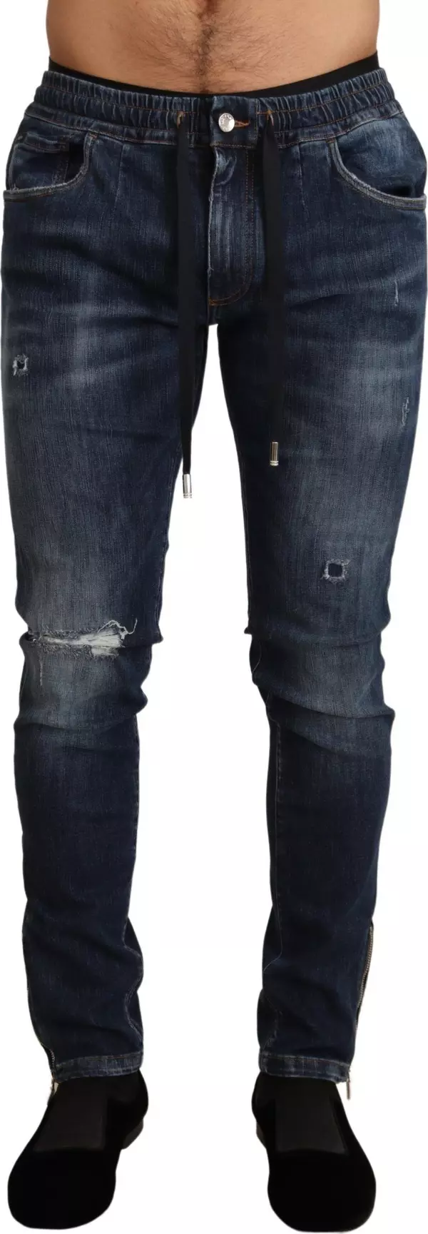 Blue Cotton Stretch Tattered Denim Jeans