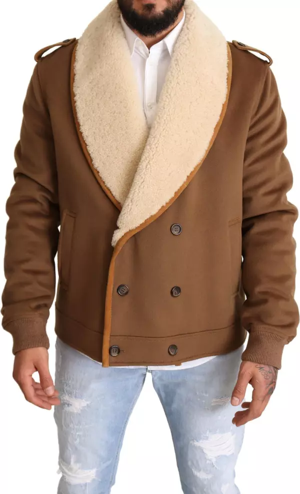 Brown Double Breasted Shearling Coat Jacket