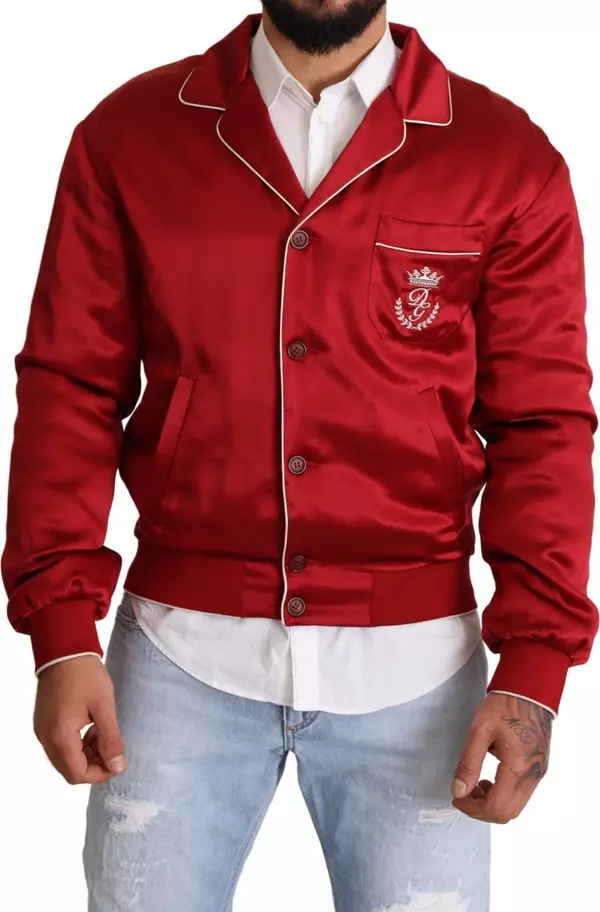 Red Silk Button DG Logo Bomber Jacket