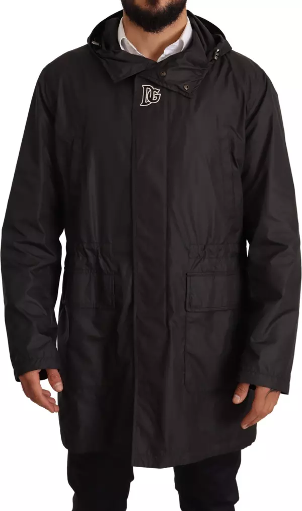Black Hooded Mens Trench Coat Jacket
