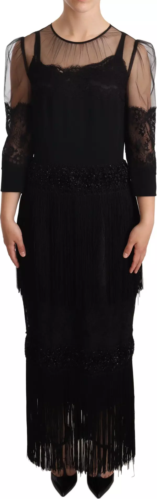 Black Sheer Floral Lace Crystal Maxi Dress