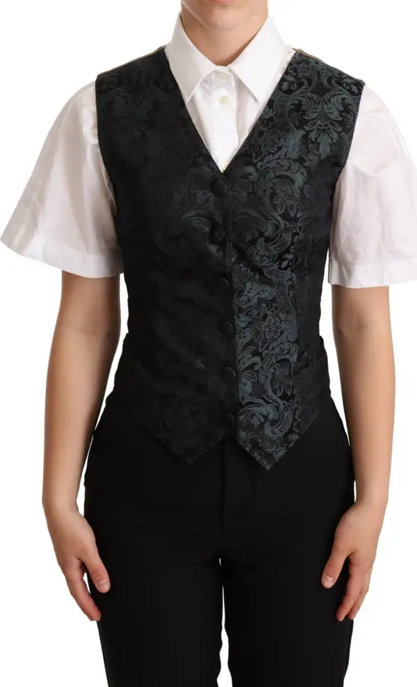 Black Jacquard Floral Waistcoat Vest Green