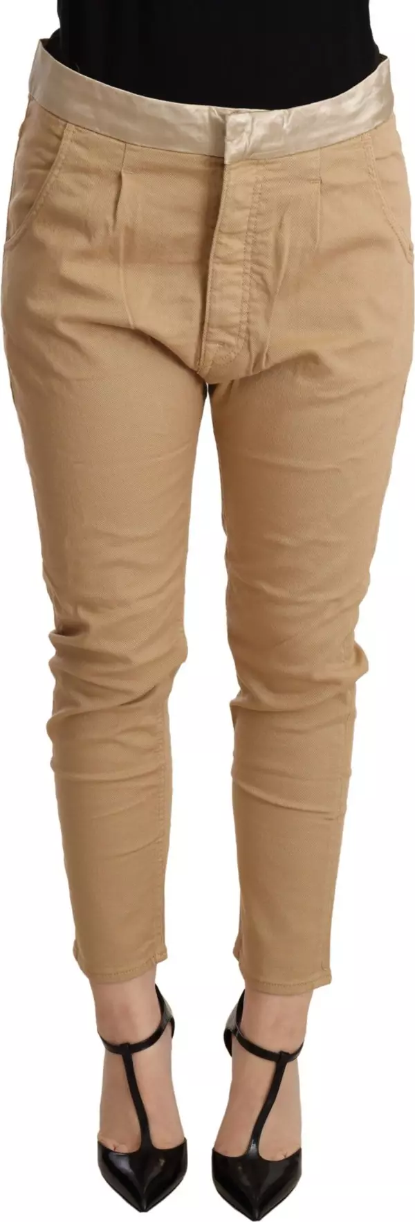 Beige Mid Waist Slim Fit Skinny Stretch Trouser