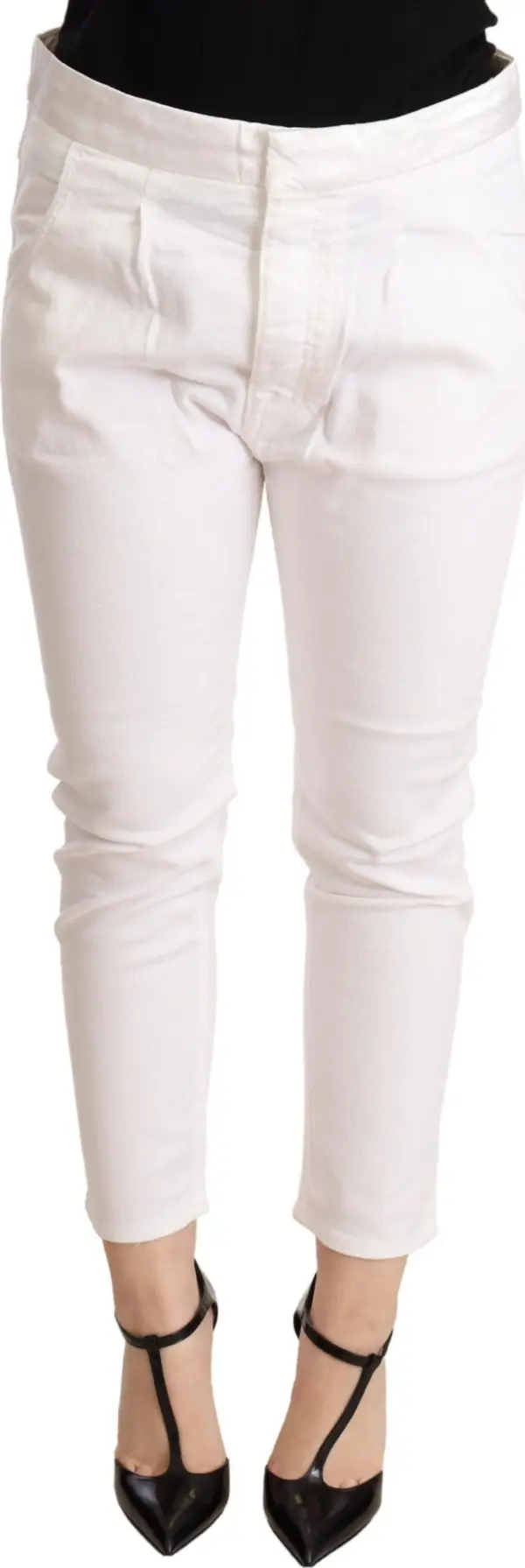 White Mid Waist Slim Fit Skinny Cotton Stretch Trouser