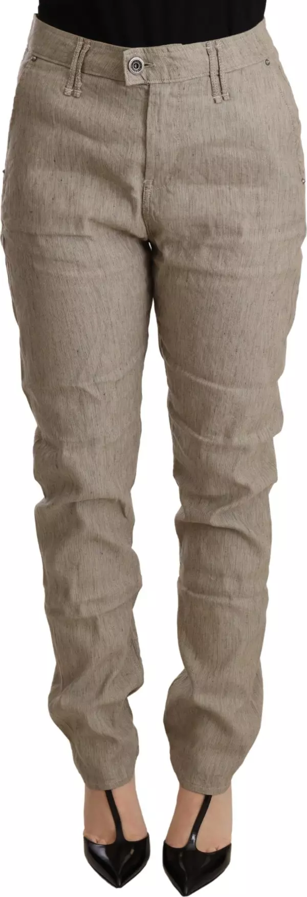 Beige Mid Waist Casual Baggy Stretch Trouser