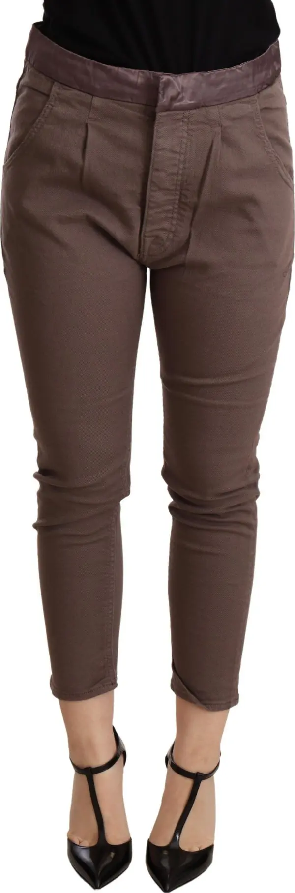 Brown Mid Waist Cropped Skinny Stretch Trouser