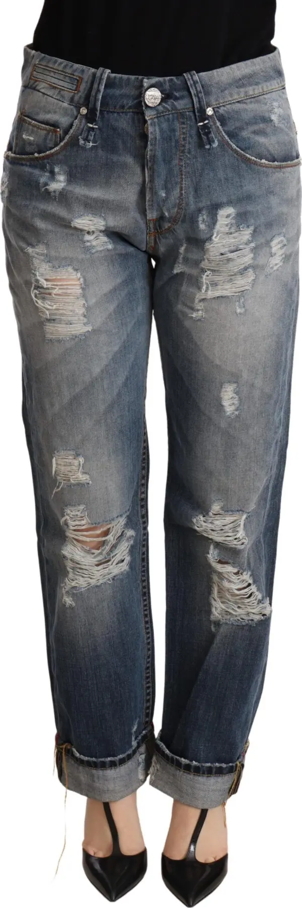 Blue Tattered Mid Waist Straight Denim Trouser