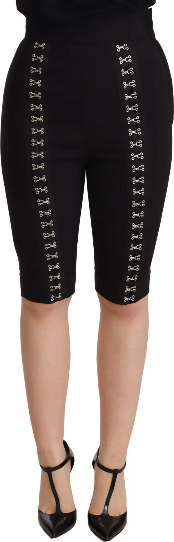 Black Wool Stretch Slim Fit High Waist Shorts