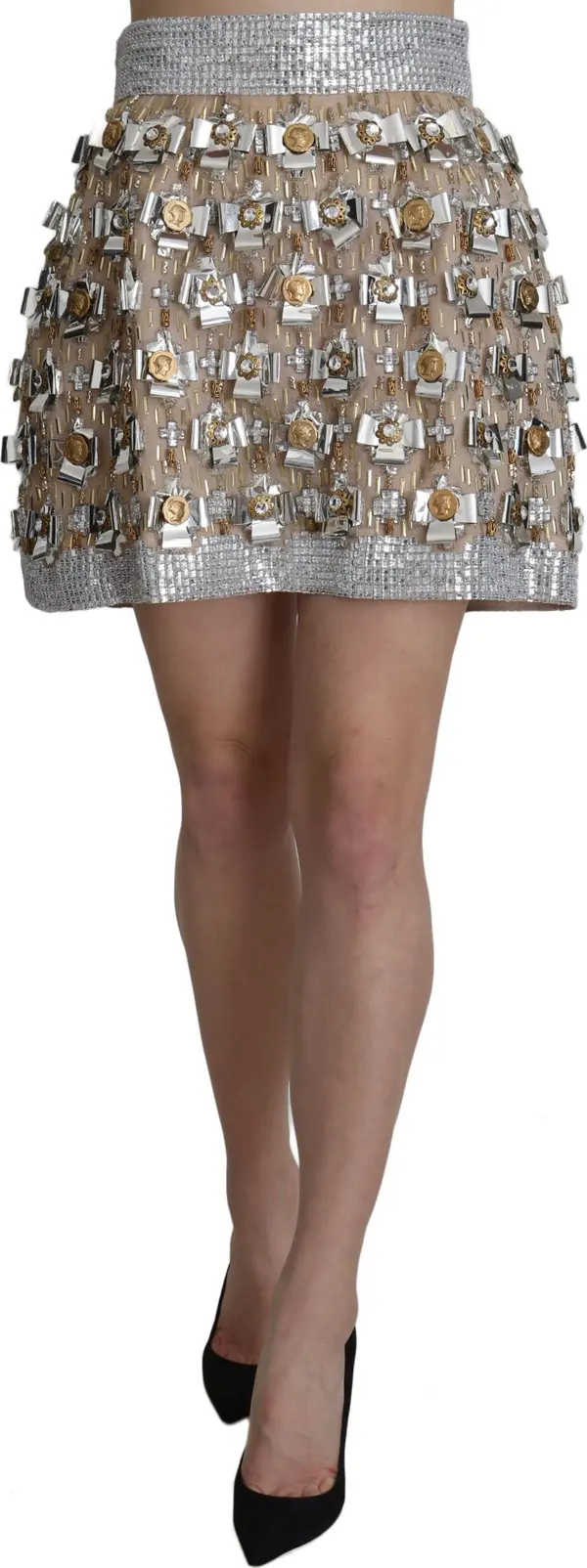 Silver Silk Crystal High Waist Mini Skirt