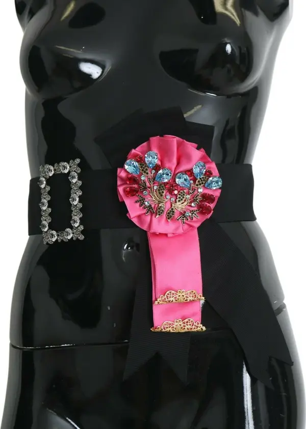 Black Pink Flower Brooch Crystals Cotton Belt