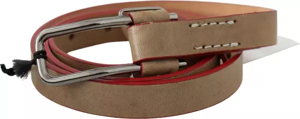Beige Leather Silver Logo Buckle Waist Belt