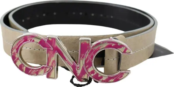 Beige Leather Pink Letter Logo Buckle Belt