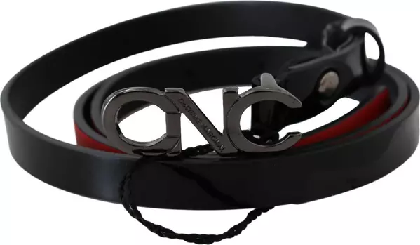 Black Skinny Leather Logo Buckle Belt