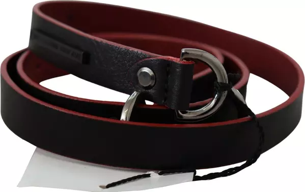 Black Red Skinny Leather Logo Belt