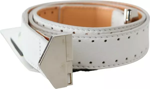 White Leather Hexagon Logo Buckle Waist Belt