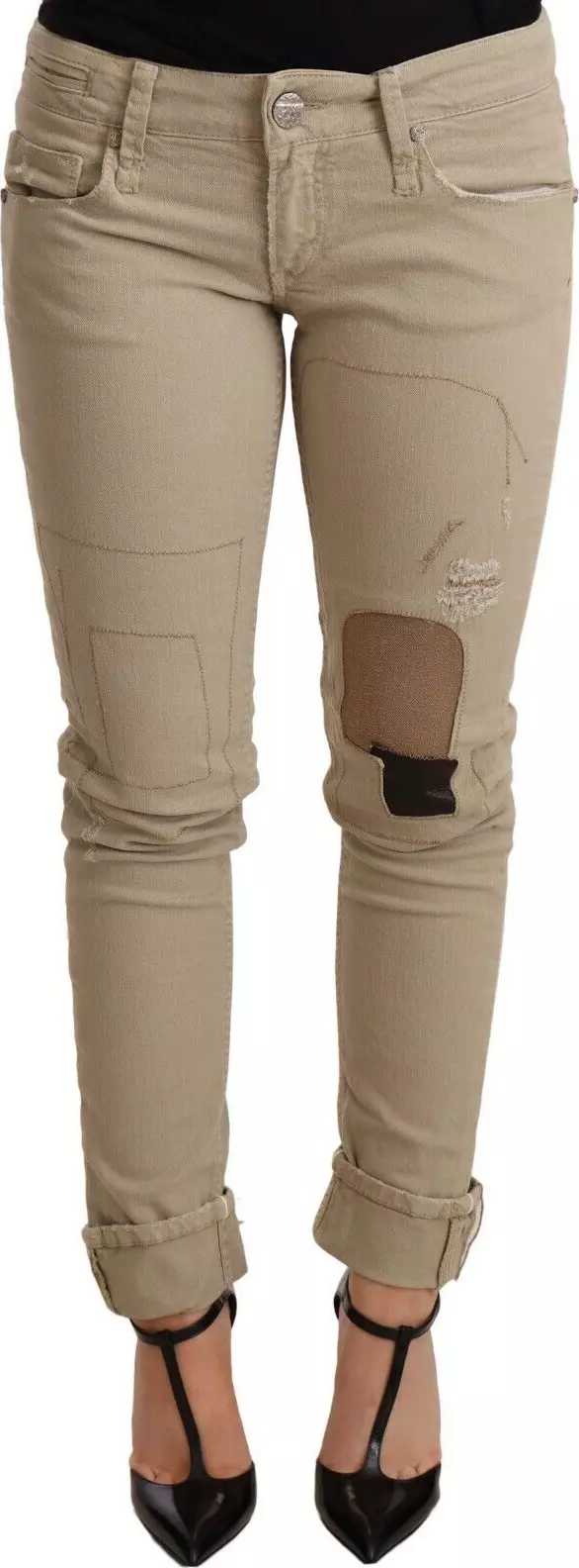 Beige Denim Cotton Bottom Slim Fit Folded Pant