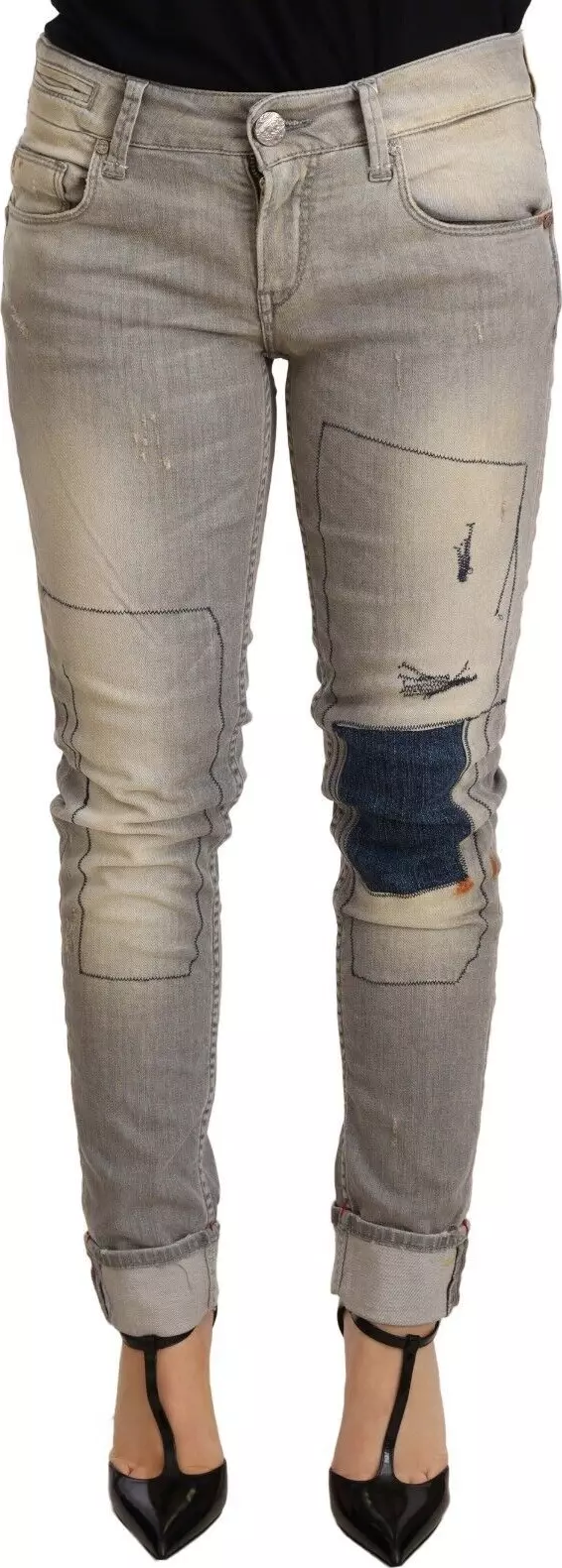 Gray Cotton Slim Fit Folded Hem Women Denim Pant