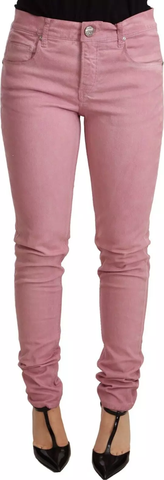 Pink Cotton Slim Fit Women Denim Skinny Pants
