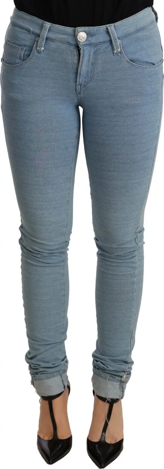 Blue Cotton Stretch Hem Slim Fit Women Denim Trouser