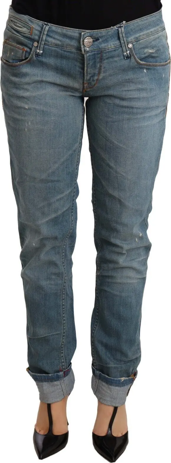 Blue Washed Cotton Folded Hem Women Trouser