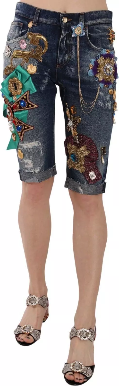 Blue Denim Mid Waist Crystal Capri Shorts