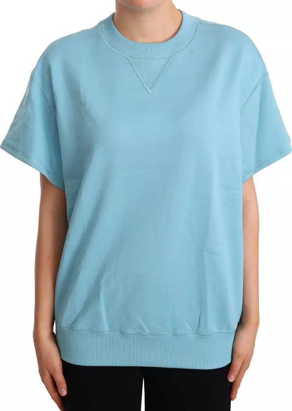 Blue Cotton Short Sleeves Crew Neck Top
