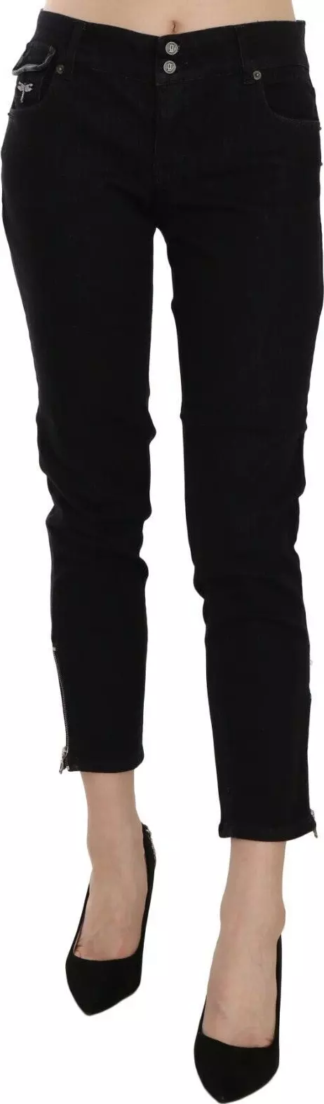 Black Mid Waist Cropped Cut Hem Denim Casual Pants
