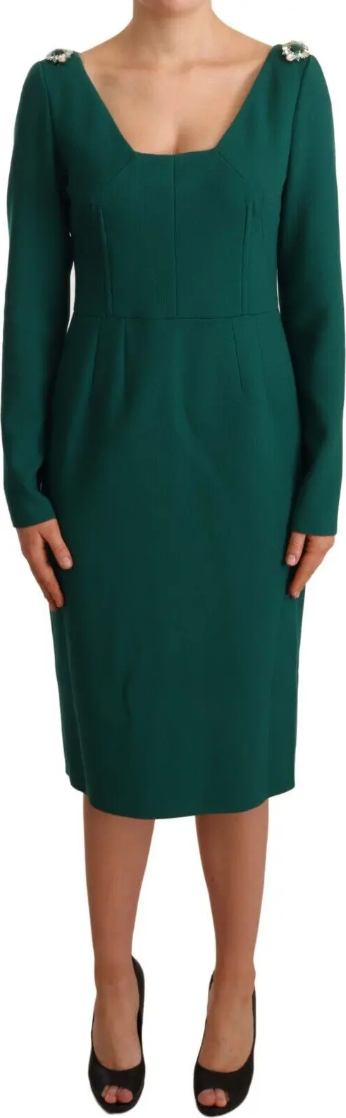 Green Stretch Crepe Crystal Midi Dress