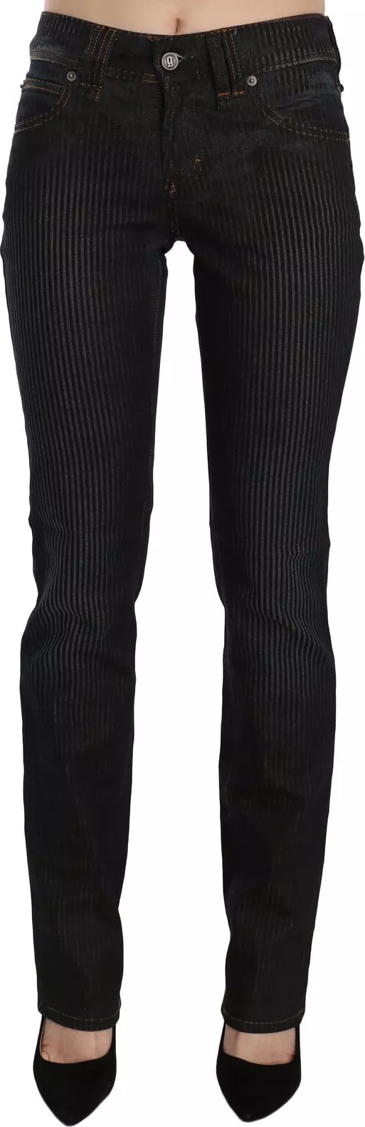 Black Mid Waist Slim Fit Corduroy Denim Casual Pants
