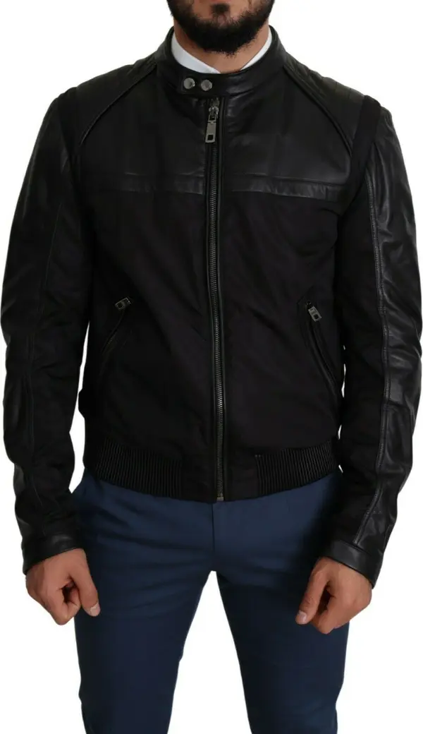 Black Nylon Full Zip Men Bomber Coat Jacket