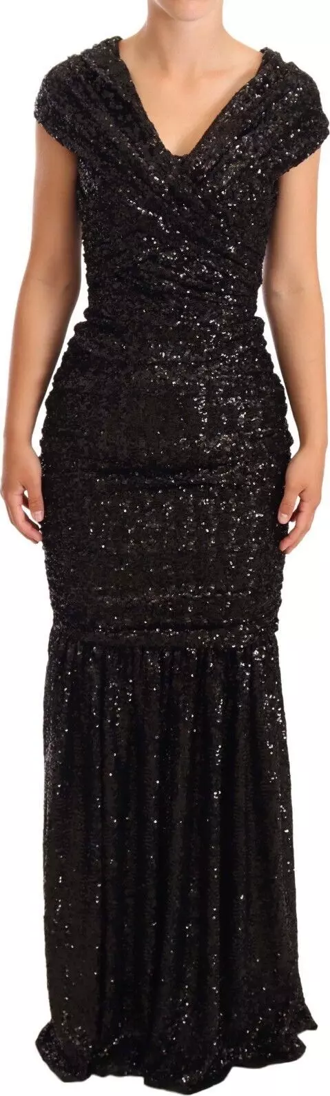 Black Sequined Open Shoulder Long Gown Dress